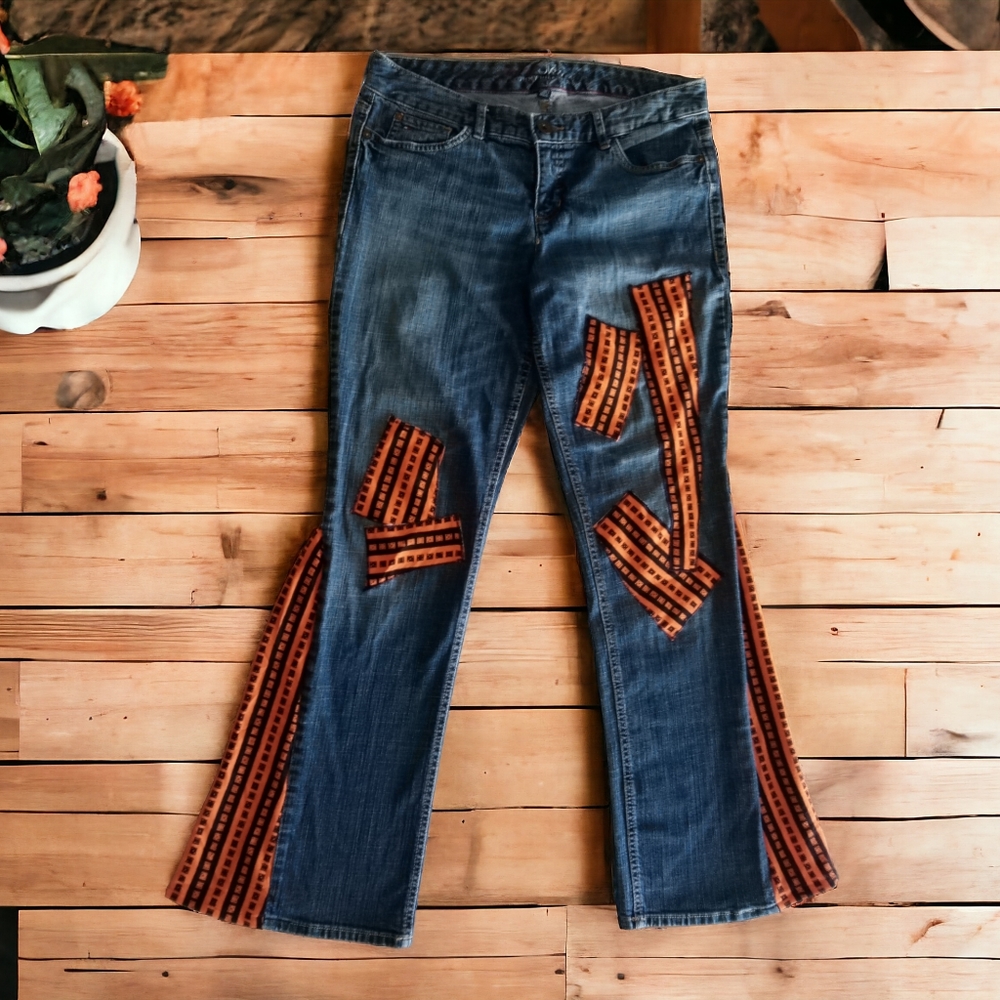 Bright Orange Geometric Retro Upcycled Bellbottom Jeans w Vintage Fabric Size 8